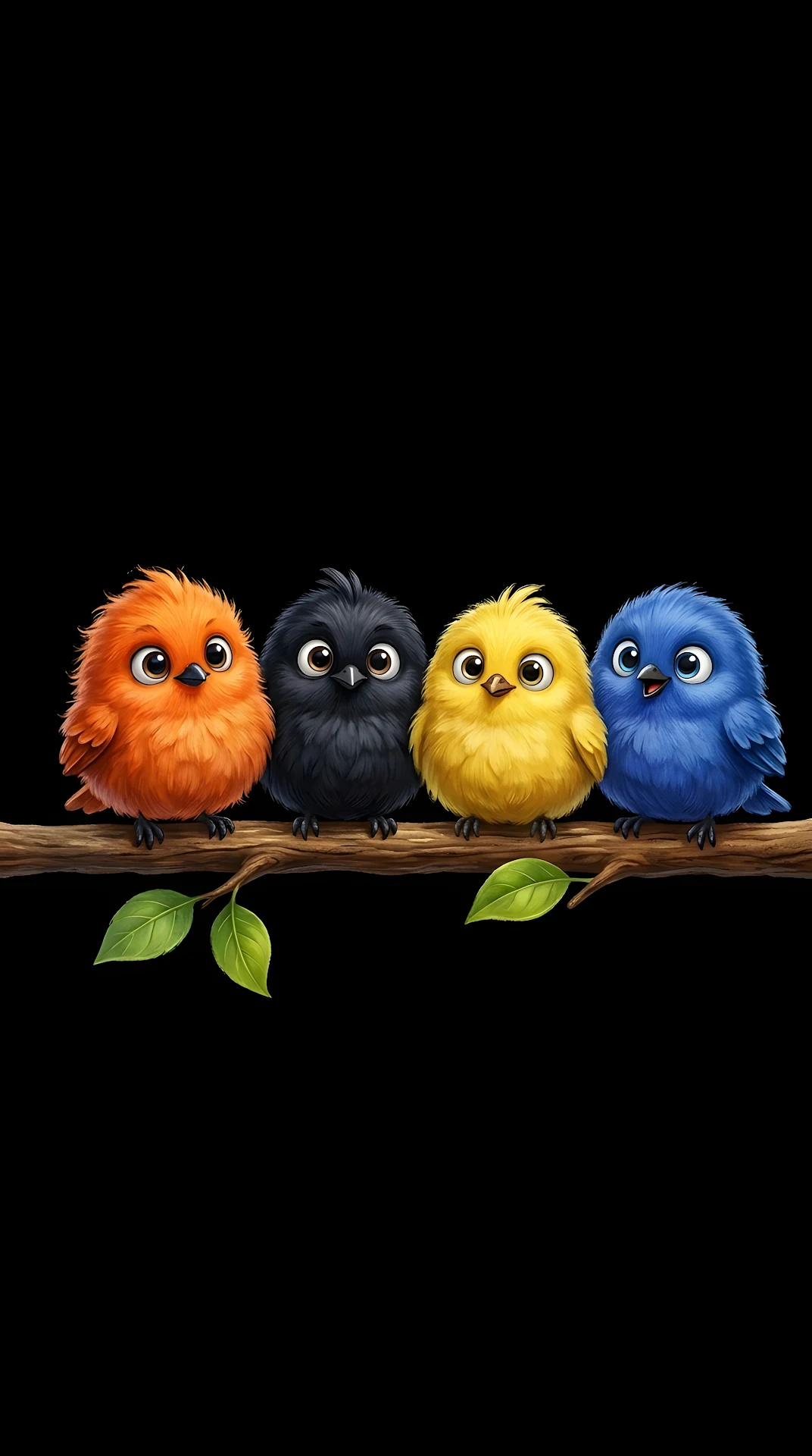 Cute Cartoon Illustration of Four Colorful Fluffy Birds on a Branch - Free 4K mobile Wallpaper