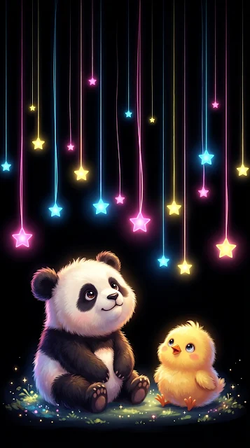 Cute Cartoon Panda and Chick Watching Colorful Hanging Stars - Free 4K & 8K mobile Wallpaper