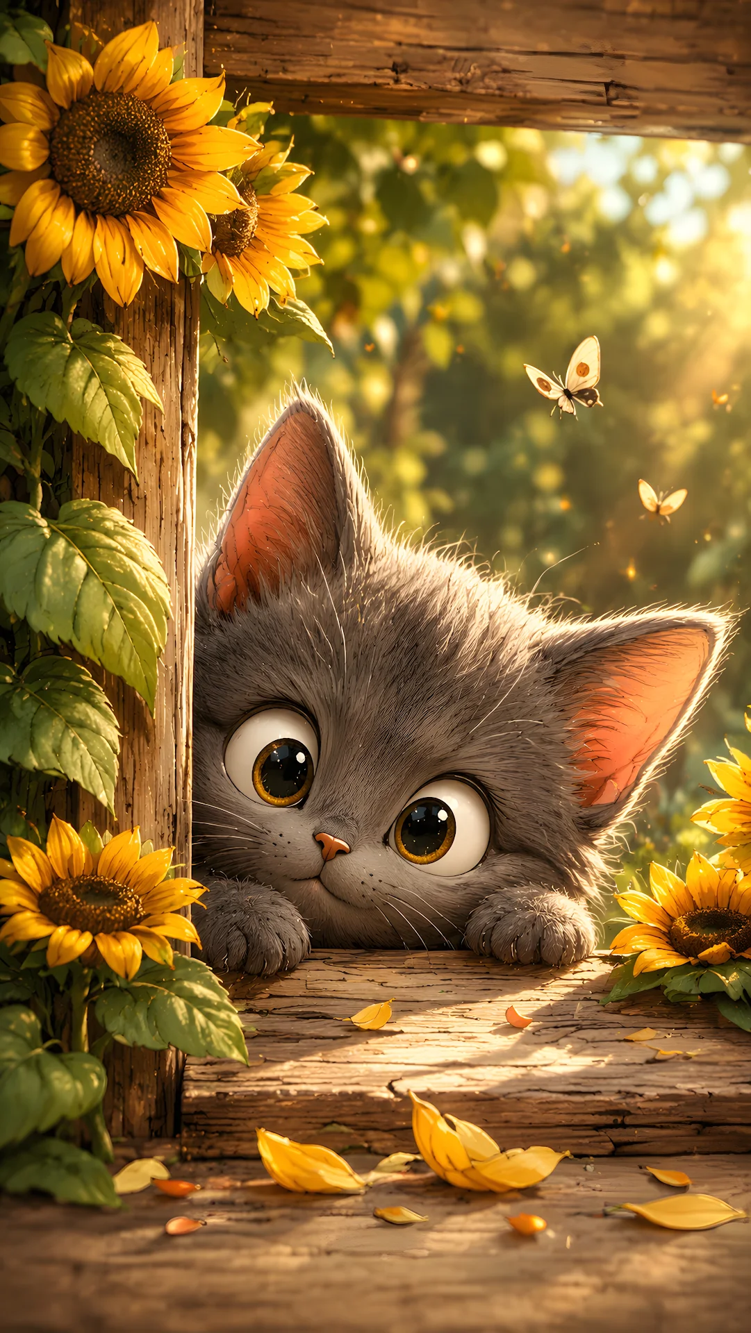 Cute fluffy kitten peeking behind sunflowers in a sunlit garden - Free 4K mobile Wallpaper