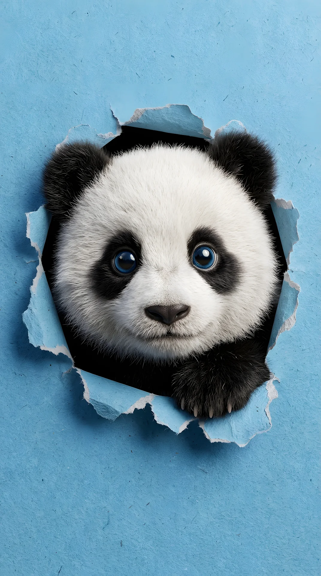 Cute Fluffy Panda Cub Peeking Through a Torn Blue Paper Background - Free 4K mobile Wallpaper