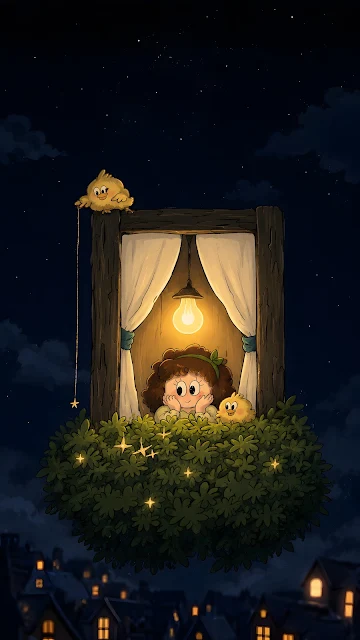 A whimsical illustration of a young girl leaning on a wooden window sill illuminated by a warm hanging light bulb under a dark starry sky.