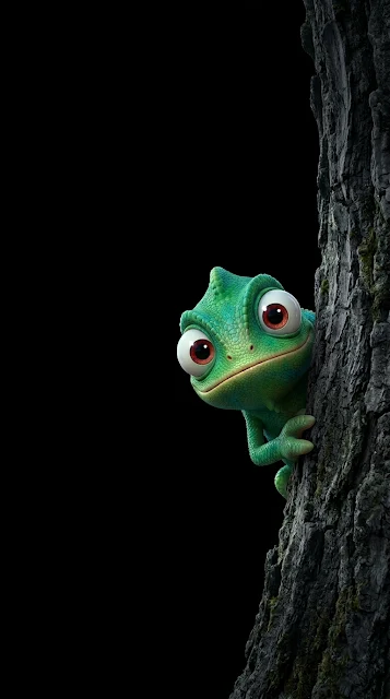 Cute Peeking Green Chameleon Tree Trunk Dark Mobile Wallpaper - Free 4K & 8K mobile Wallpaper