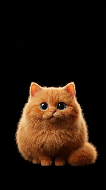 Cute Round Fluffy Orange Cat with Large Blue Eyes on Black - Free 4K & 8K mobile Wallpaper