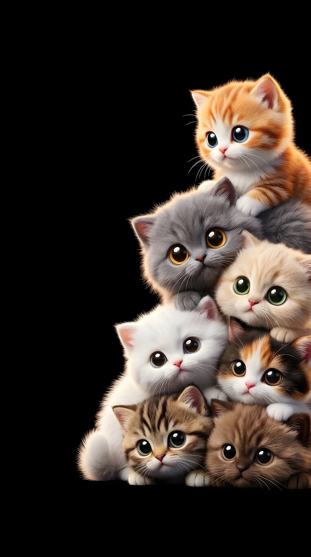 Cute Stacked Fluffy Kittens 3D Render - Free 4K mobile Wallpaper
