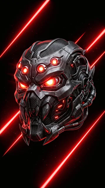 Cybernetic spider superhero mask with glowing white eyes and sharp neon red laser streaks on pure black.