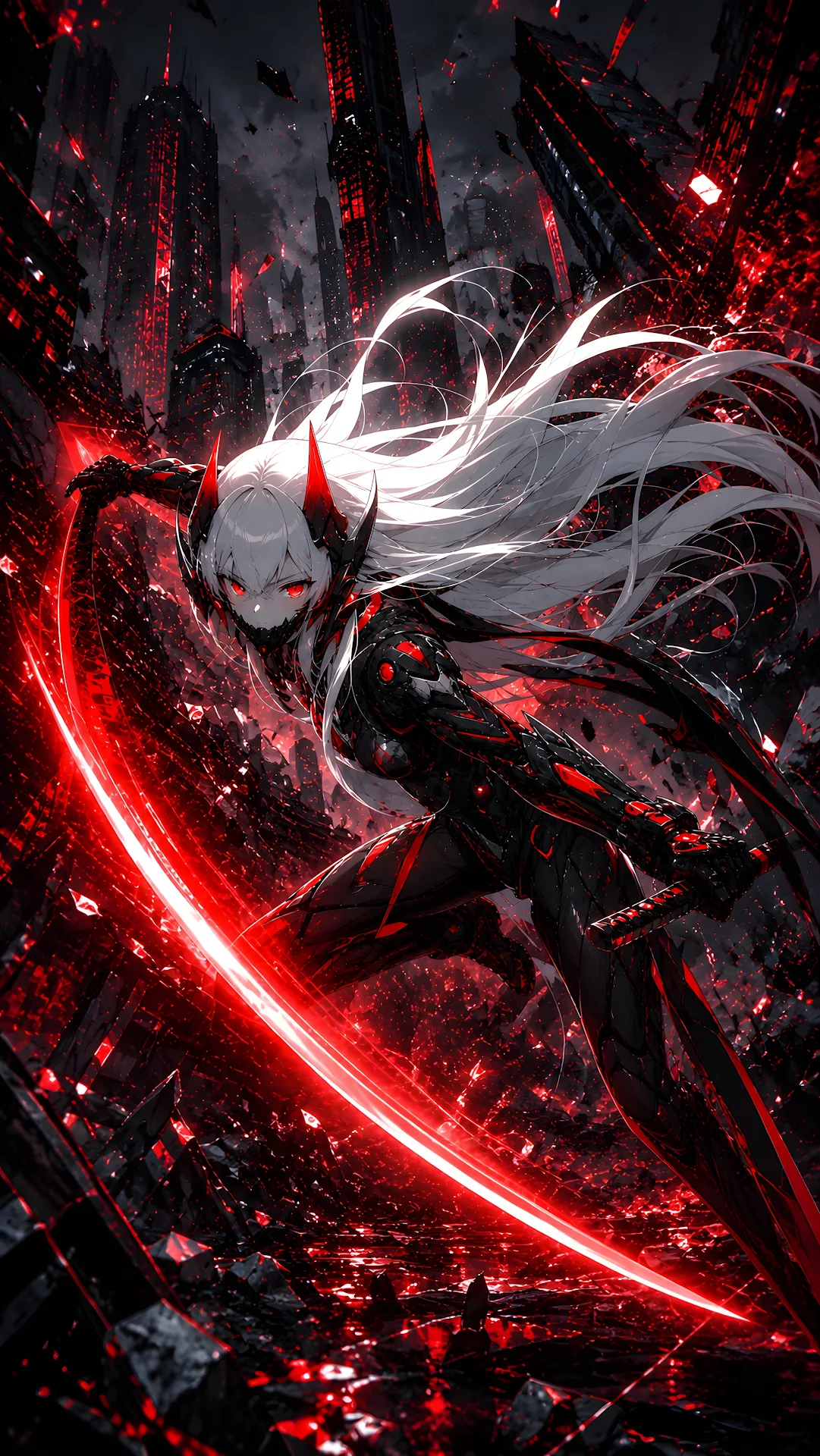 Cybernetic Warrior Crossing a Shattered City - Free 4K mobile Wallpaper