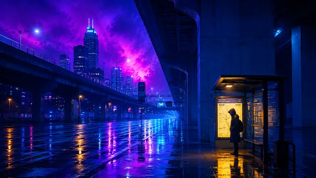 A person stands inside a glowing glass bus stop on a wet city street at night under a purple sky.