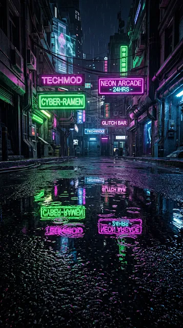 Cyberpunk City Street Reflection in Rain Puddle - Free 4K & 8K mobile Wallpaper