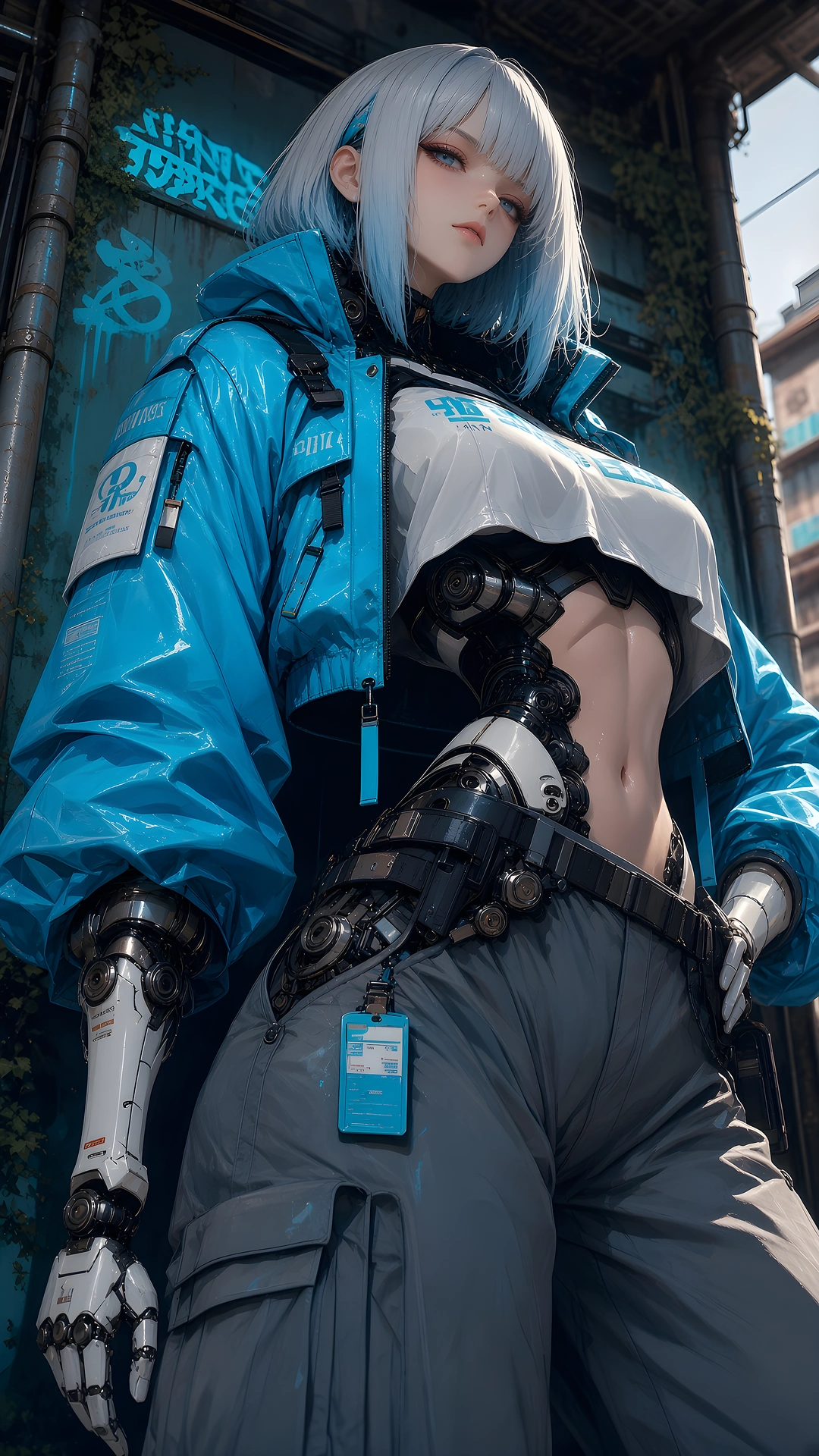 Cyberpunk Cyborg Girl Blue Windbreaker 4K - Free 4K mobile Wallpaper