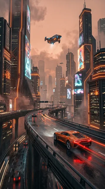 Cyberpunk Flying Car Driving on Futuristic City Highway - Free 4K & 8K mobile Wallpaper