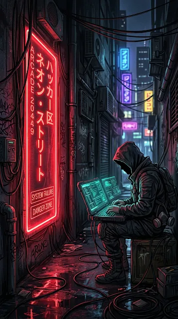 Cyberpunk Illustration of a Hooded Figure with Laptop in a Neon Alley - Free 4K & 8K mobile Wallpaper
