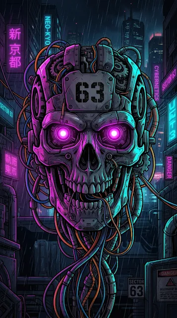Detailed sci-fi mechanical skull numbered 63 with glowing magenta eyes and neon violet circuitry on a dark background.