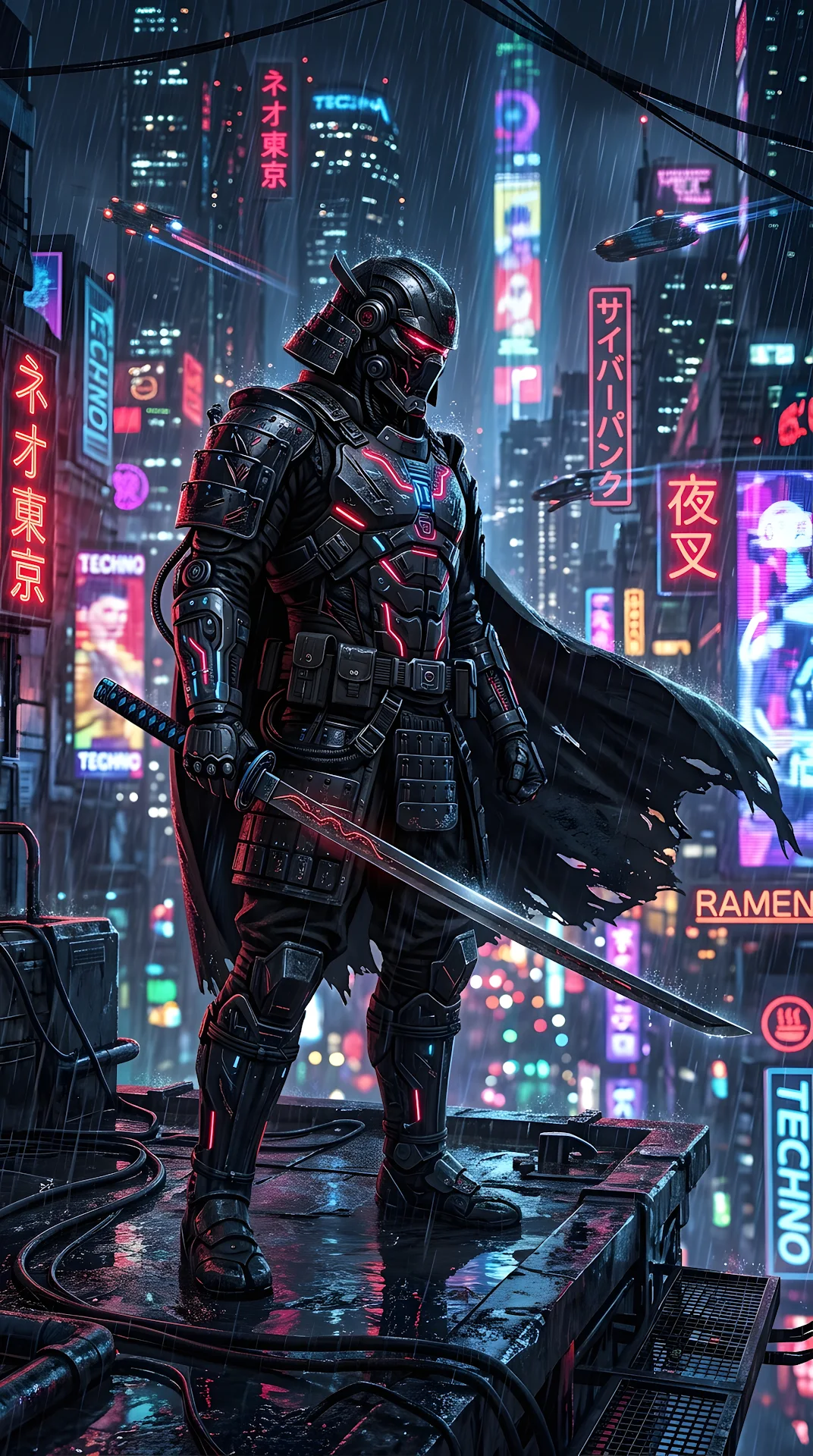 Cyberpunk Samurai Illustration in Full Armor with Glowing Neon Accents - Free 4K mobile Wallpaper
