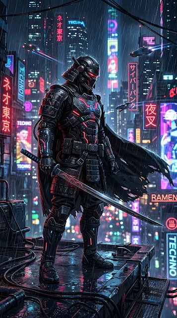 Cyberpunk Samurai Illustration in Full Armor with Glowing Neon Accents - Free mobile Wallpaper