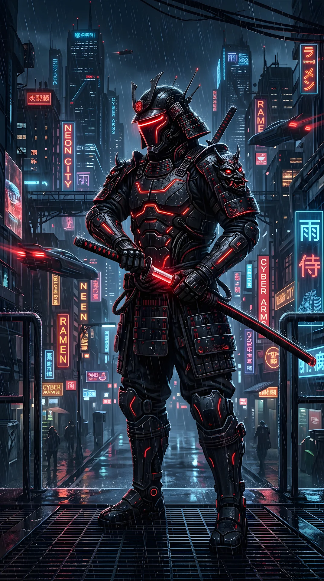Cyberpunk Samurai Illustration in Black Armor with Glowing Red Neon Accents - Free 4K mobile Wallpaper