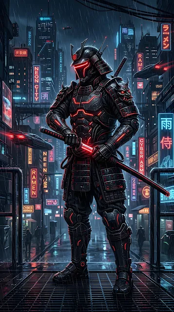 Cyberpunk Samurai Illustration in Black Armor with Glowing Red Neon Accents - Free mobile Wallpaper