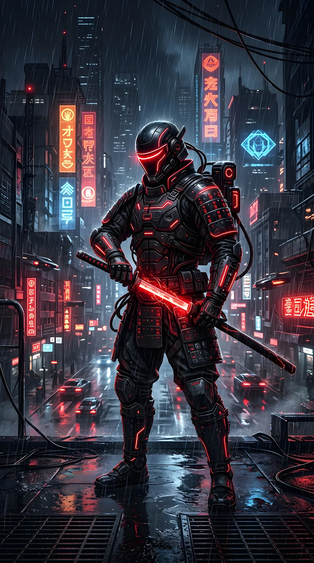 Cyberpunk Samurai Illustration in Black Armor with Glowing Red Neon Highlights - Free 4K mobile Wallpaper