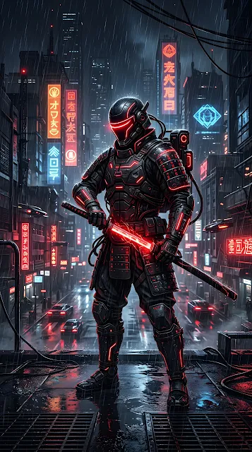 Cyberpunk Samurai Illustration in Black Armor with Glowing Red Neon Highlights - Free mobile Wallpaper