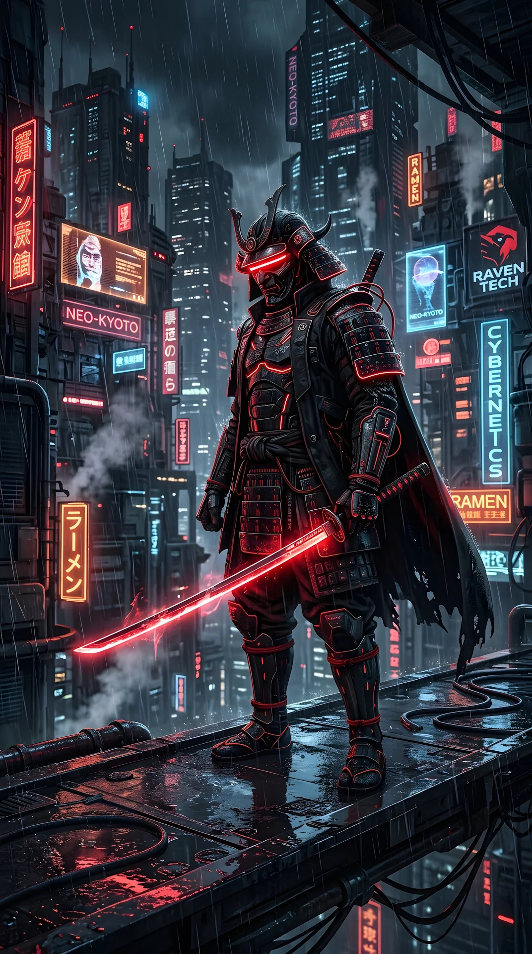Cyberpunk Samurai Illustration in Black Armor with Glowing Red Neon Accents - Free 4K mobile Wallpaper