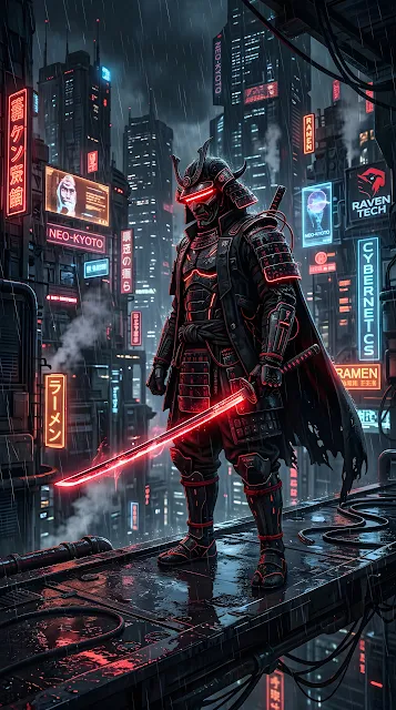 Cyberpunk Samurai Illustration in Black Armor with Glowing Red Neon Accents - Free mobile Wallpaper