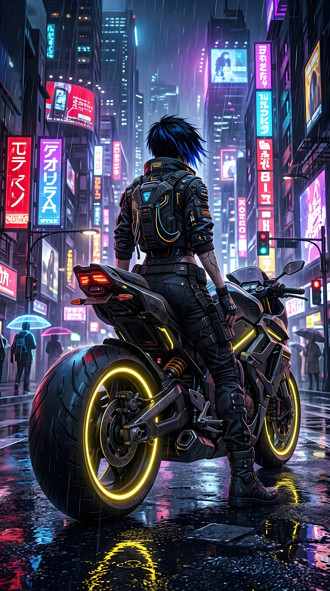 Cyberpunk Woman on Futuristic Motorcycle in Rainy City - Free 4K mobile Wallpaper