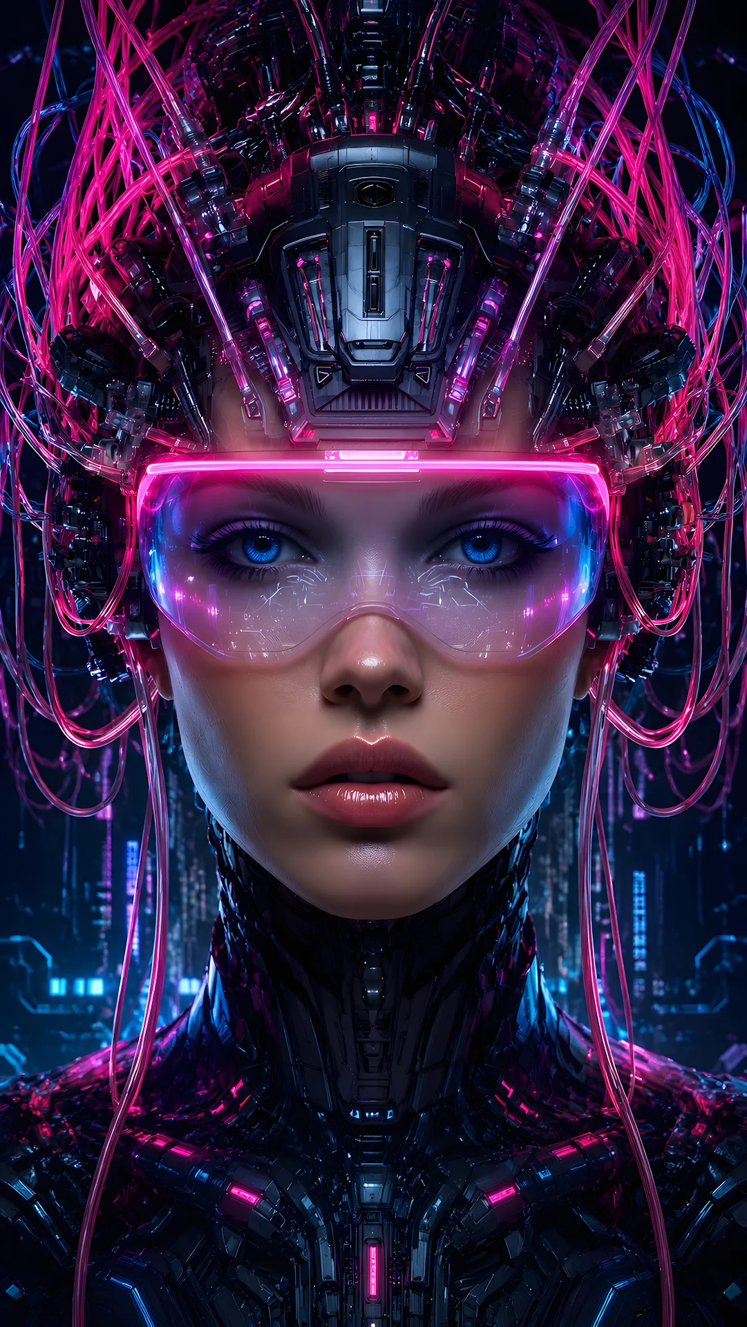 Cyberpunk woman wearing a pink LED visor and cybernetic headpiece - Free 4K mobile Wallpaper