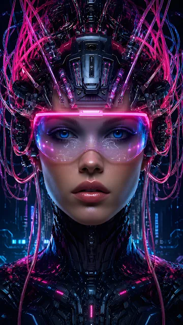 Close-up 3D render of a futuristic woman with blue eyes, a glowing pink visor visor, and pink fiber-optic cabling around her head.
