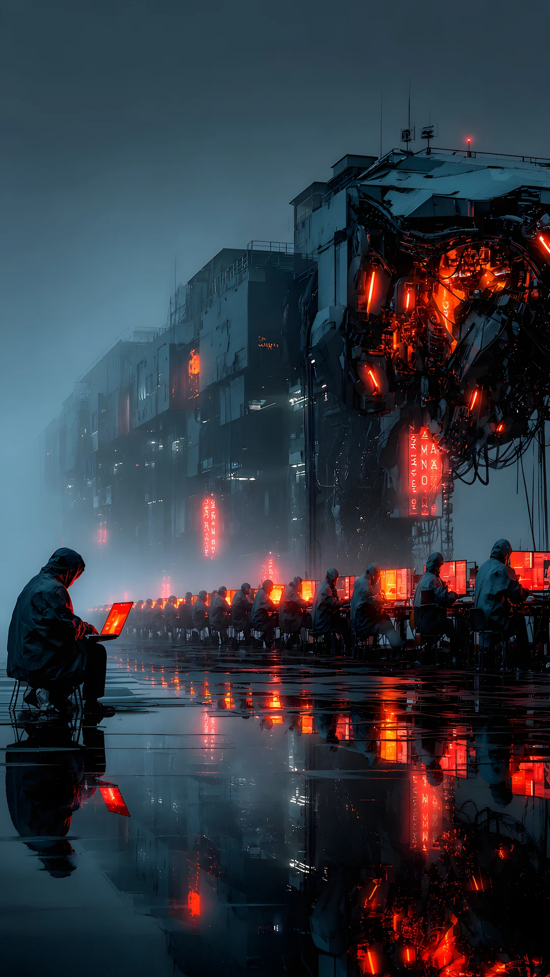 Cyberpunk Workers Beneath a Mechanical City - Free 4K mobile Wallpaper