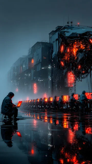 Hooded workers use glowing computers beneath a massive mechanical structure in a misty cyberpunk city.