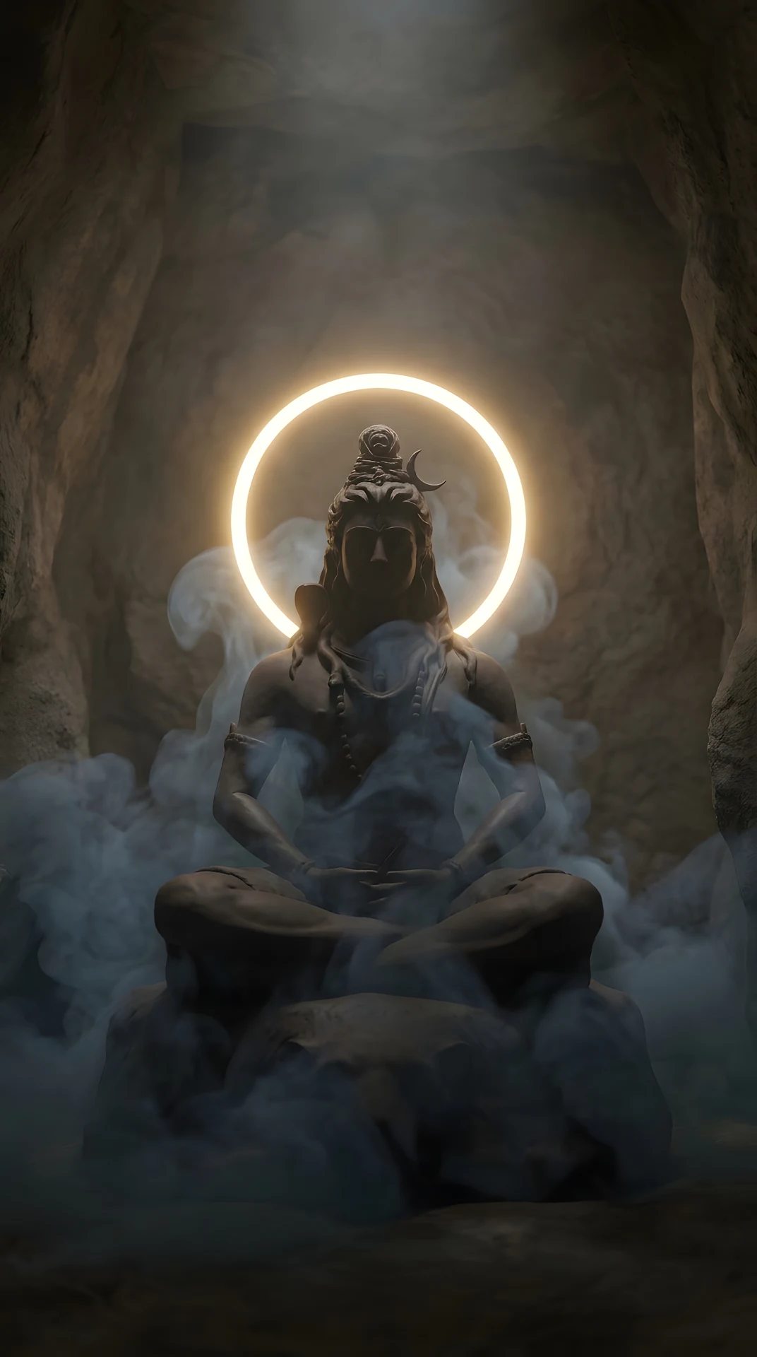 Dark 3D Illustration of Lord Shiva Meditating with Glowing Halo and Smoke - Free 4K mobile Wallpaper