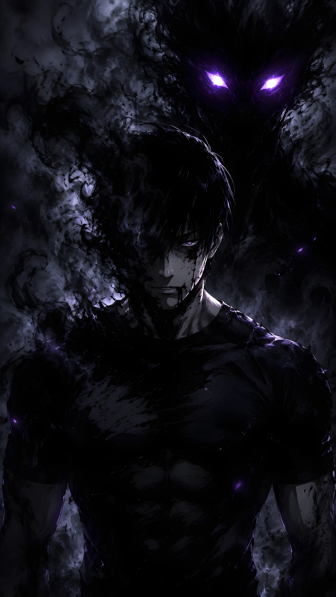 Dark anime male character surrounded by purple shadow aura - Free 4K mobile Wallpaper