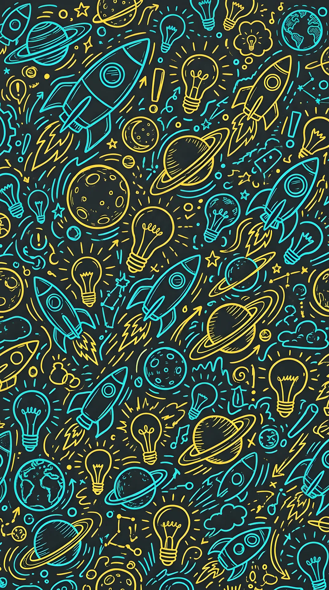 Dark Blue Background with Cyan and Yellow Outline Doodles Pattern - Free 4K mobile Wallpaper