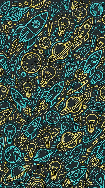 Dark Blue Background with Cyan and Yellow Outline Doodles Pattern - Free mobile Wallpaper