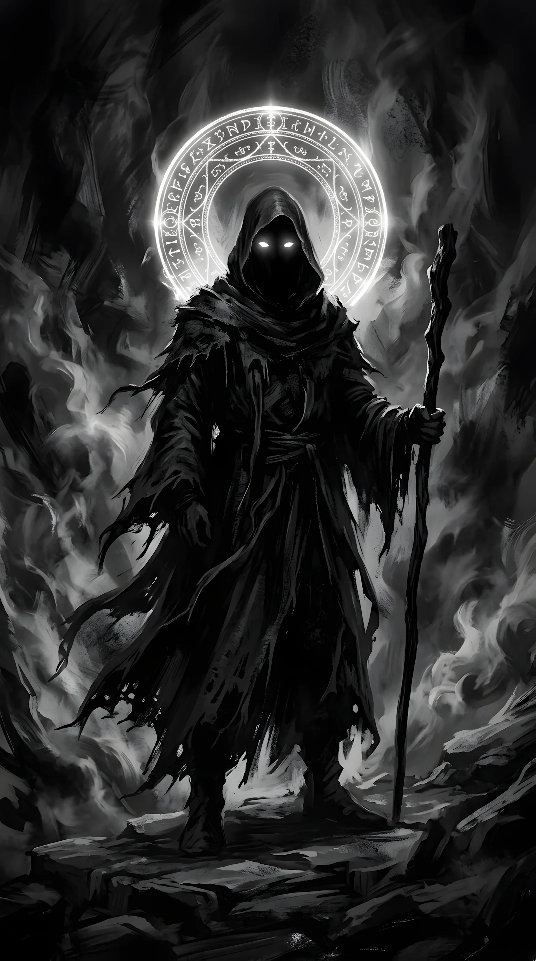 Dark Cloaked Shadow Figure with Glowing Celestial Halo - Free 4K mobile Wallpaper