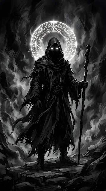 Dark Cloaked Shadow Figure with Glowing Celestial Halo - Free mobile Wallpaper
