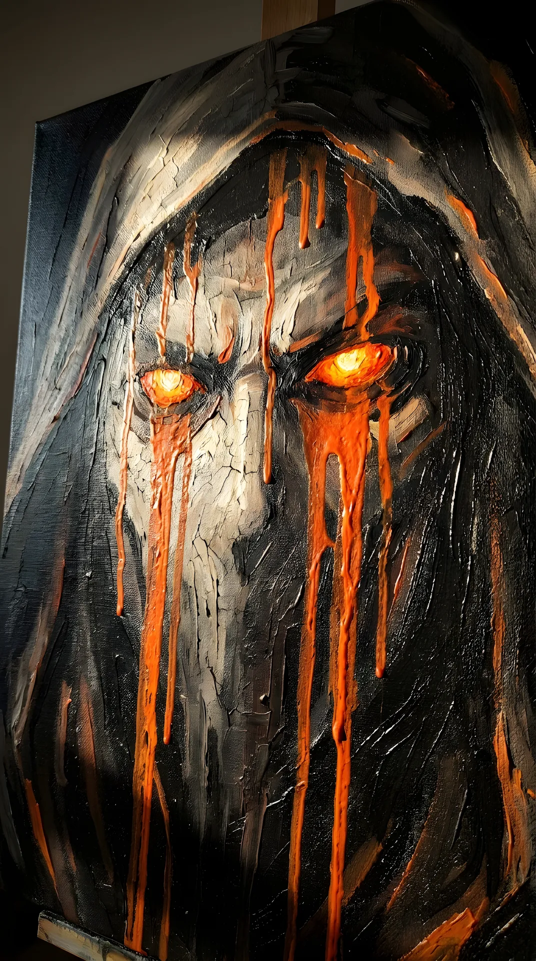 Dark Face with Glowing Orange Eyes and Dripping Paint Texture - Free 4K mobile Wallpaper