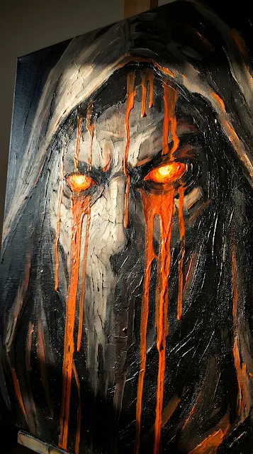 Dark Face with Glowing Orange Eyes and Dripping Paint Texture - Free mobile Wallpaper