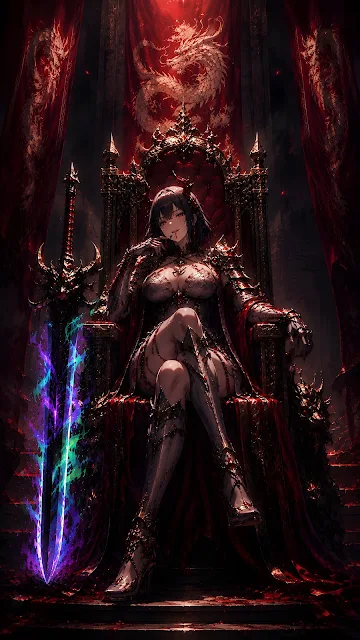 An ornate dark fantasy queen sitting on a gothic throne holding a large broadsword surrounded by glowing green magical energy.