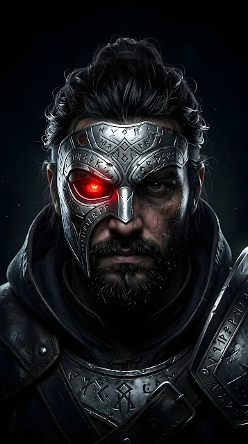 Dark Fantasy Portrait of a Masked Face with a Glowing Red Eye - Free mobile Wallpaper