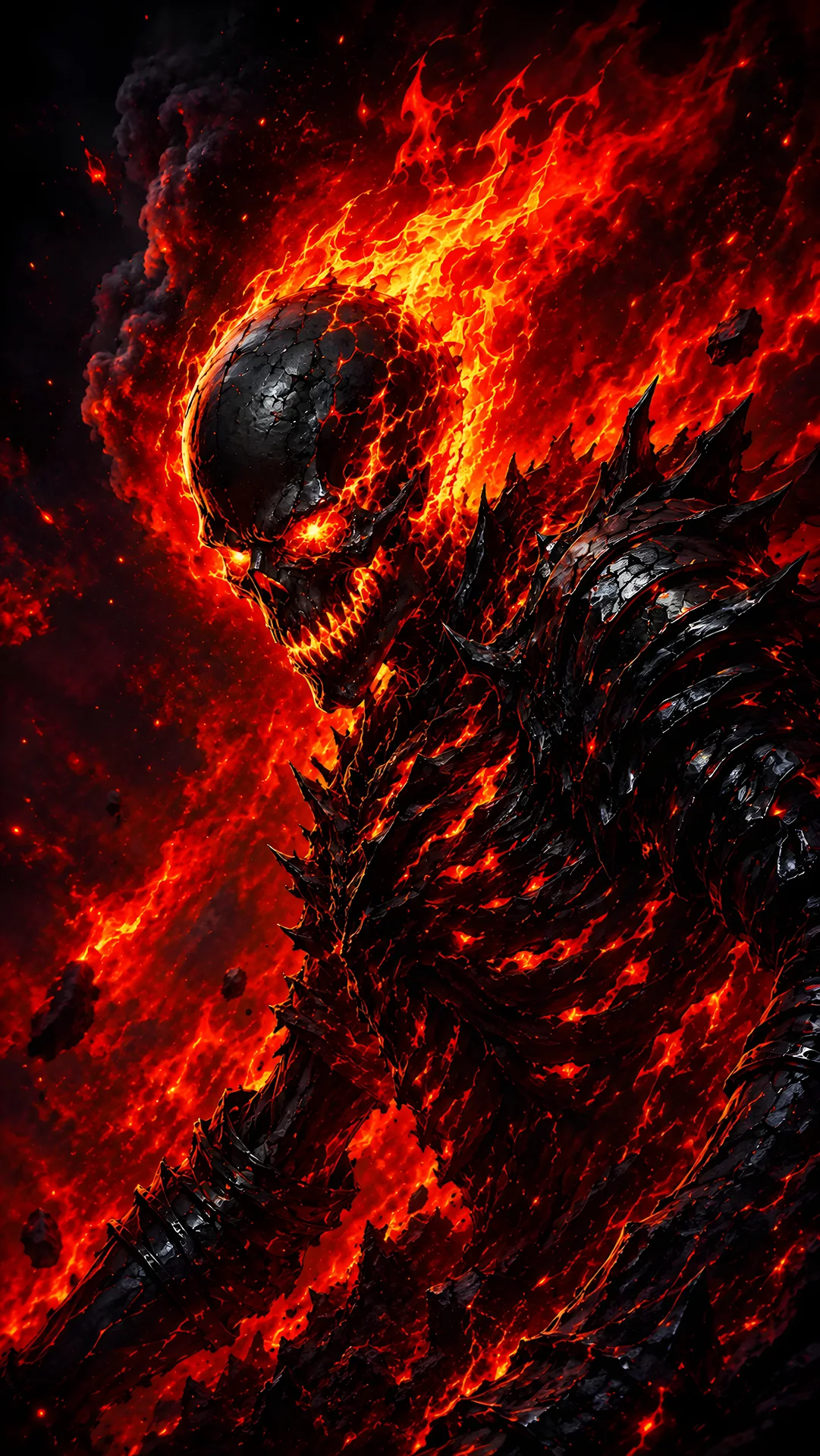 Dark fantasy skeleton warrior with molten lava core and spiky armor - Free 4K mobile Wallpaper