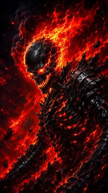 Terrifying skeleton figure encased in spiked black iron armor glowing with internal molten lava.