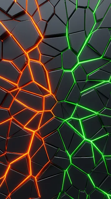 Dark Fractured Geometric Plates with Glowing Green and Orange Seams - Free 4K & 8K mobile Wallpaper