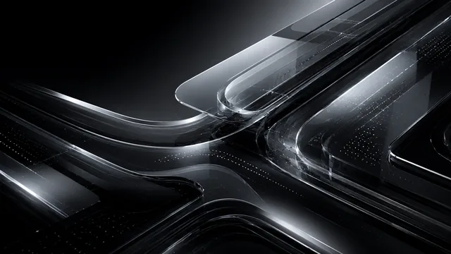 Curved layers of dark translucent glass with reflective silver highlights on a black background.