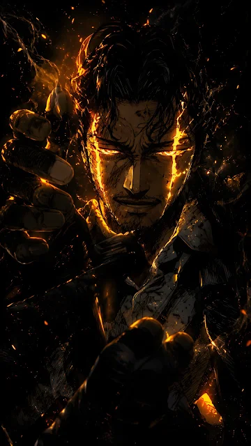 Dark silhouette of an anime character with glowing yellow eye streaks and fiery golden energy veins.