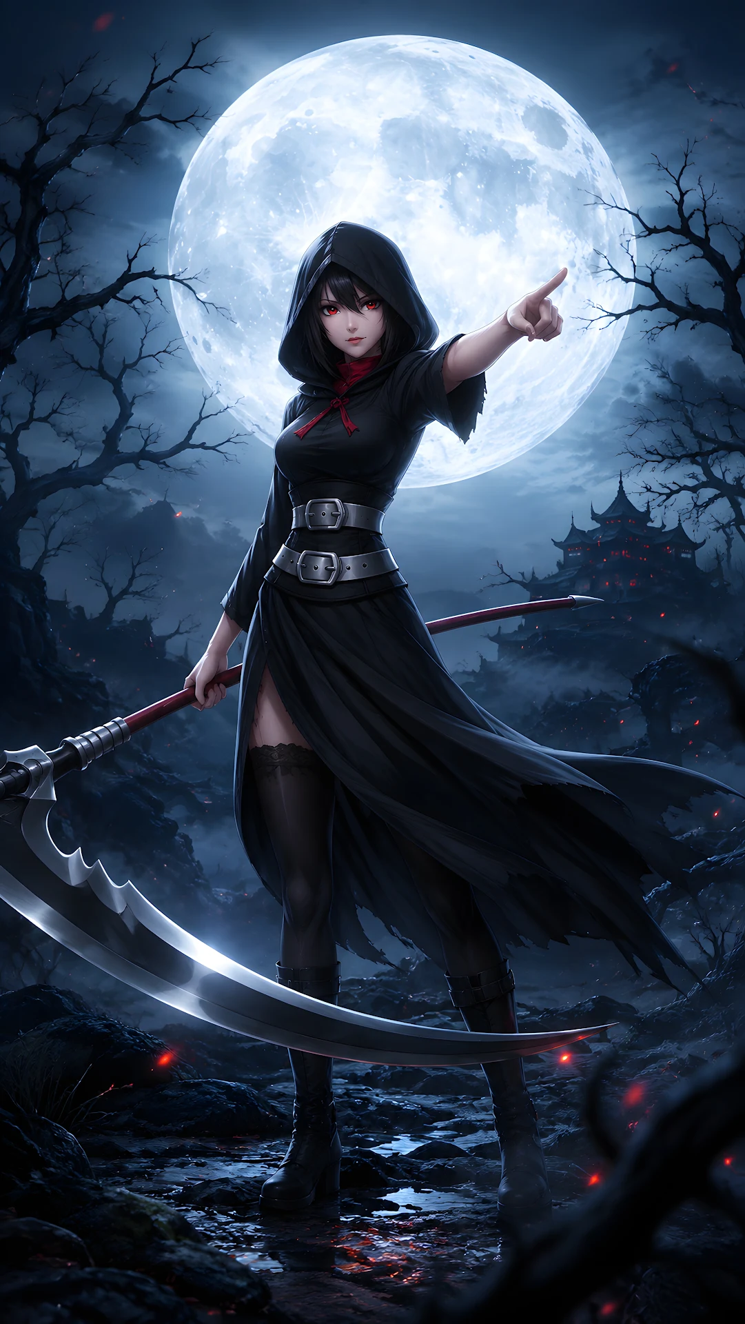 Dark hooded warrior holding scythe under glowing full moon - Free 4K mobile Wallpaper