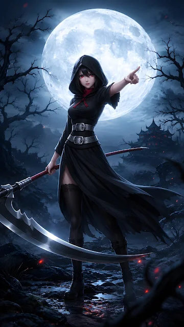 Hooded female warrior in black cloak pointing forward while holding a scythe under a giant full moon at night.