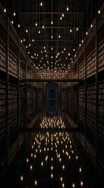 Dark Library with Hundreds of Suspended Glowing Lamps - Free 4K & 8K mobile Wallpaper