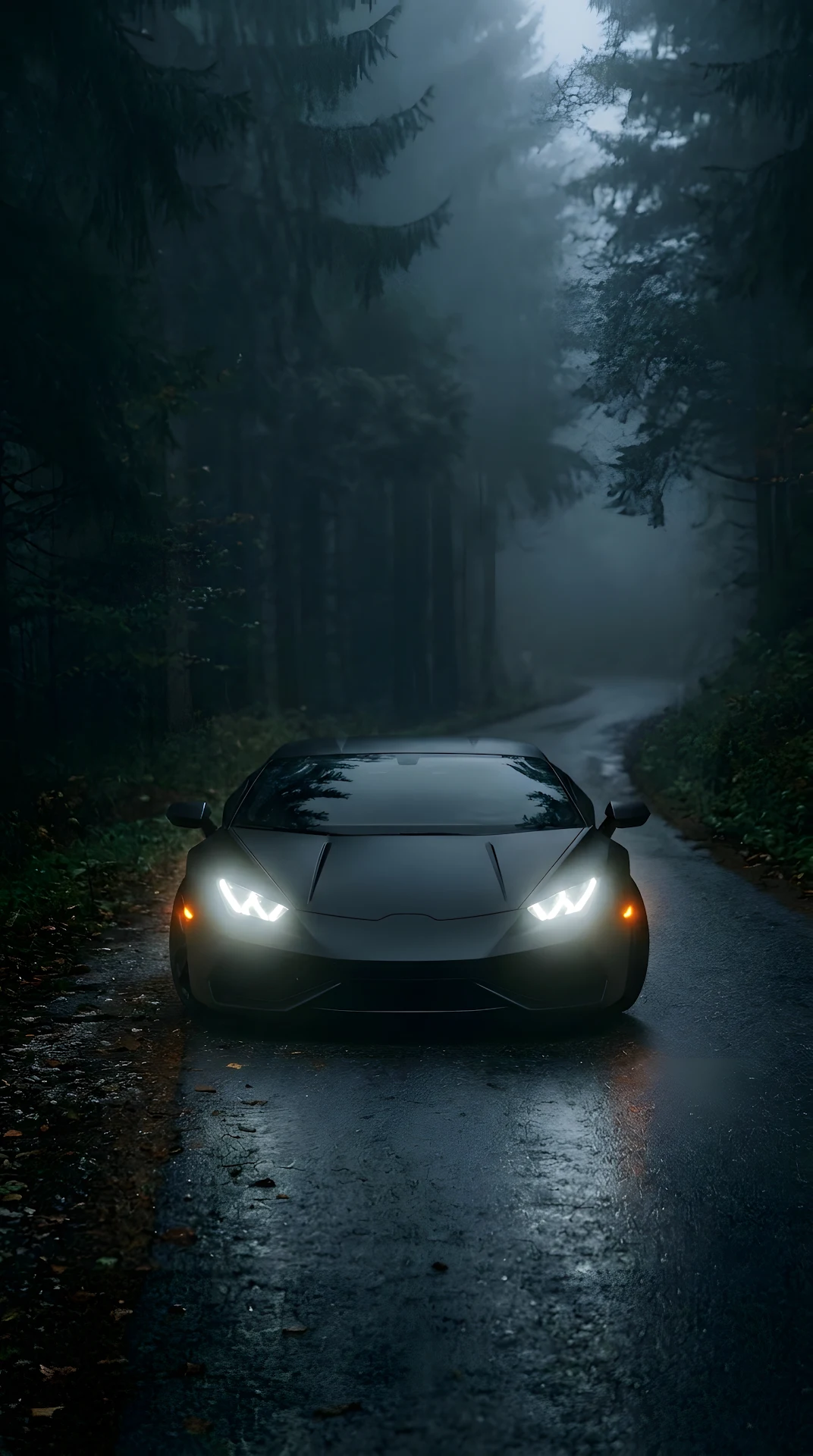 Dark Matte Supercar on a Foggy Forest Road at Night - Free 4K mobile Wallpaper