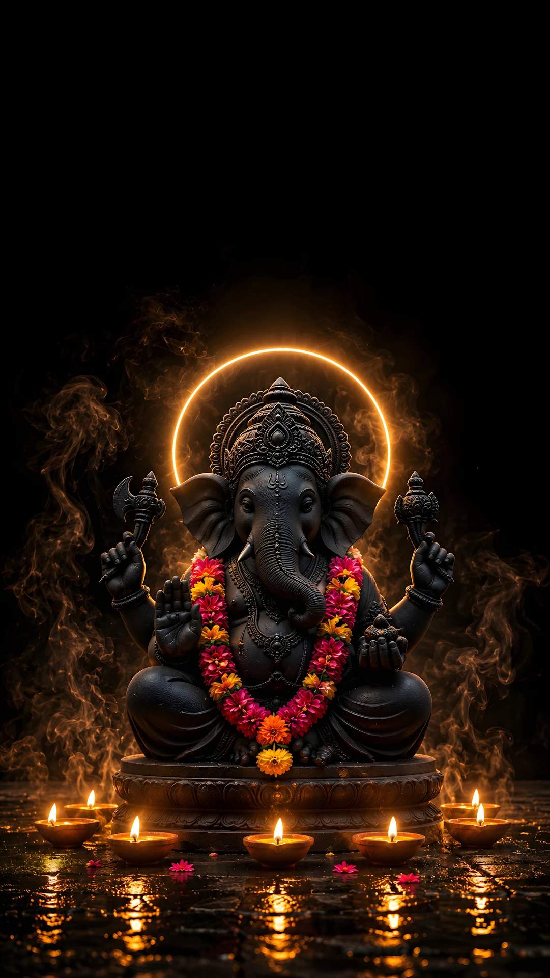 Dark sculpted Ganesha statue illuminated by traditional oil lamps - Free 4K mobile Wallpaper
