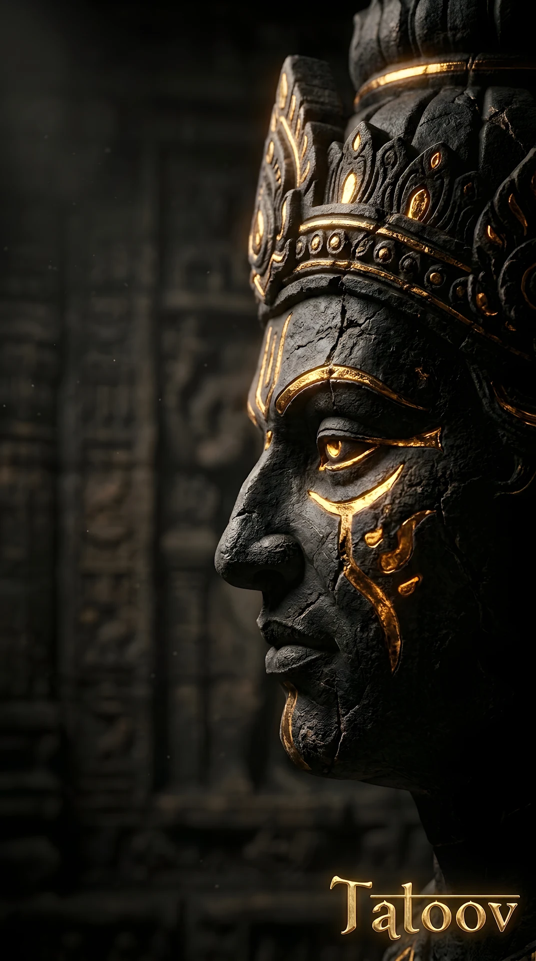 Dark Stone Sculpture Face with Gold Accents - Free 4K mobile Wallpaper